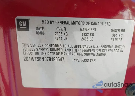 2007 Chevrolet Impala Lt from USA, damaged, VIN 2G1WT58N079190647